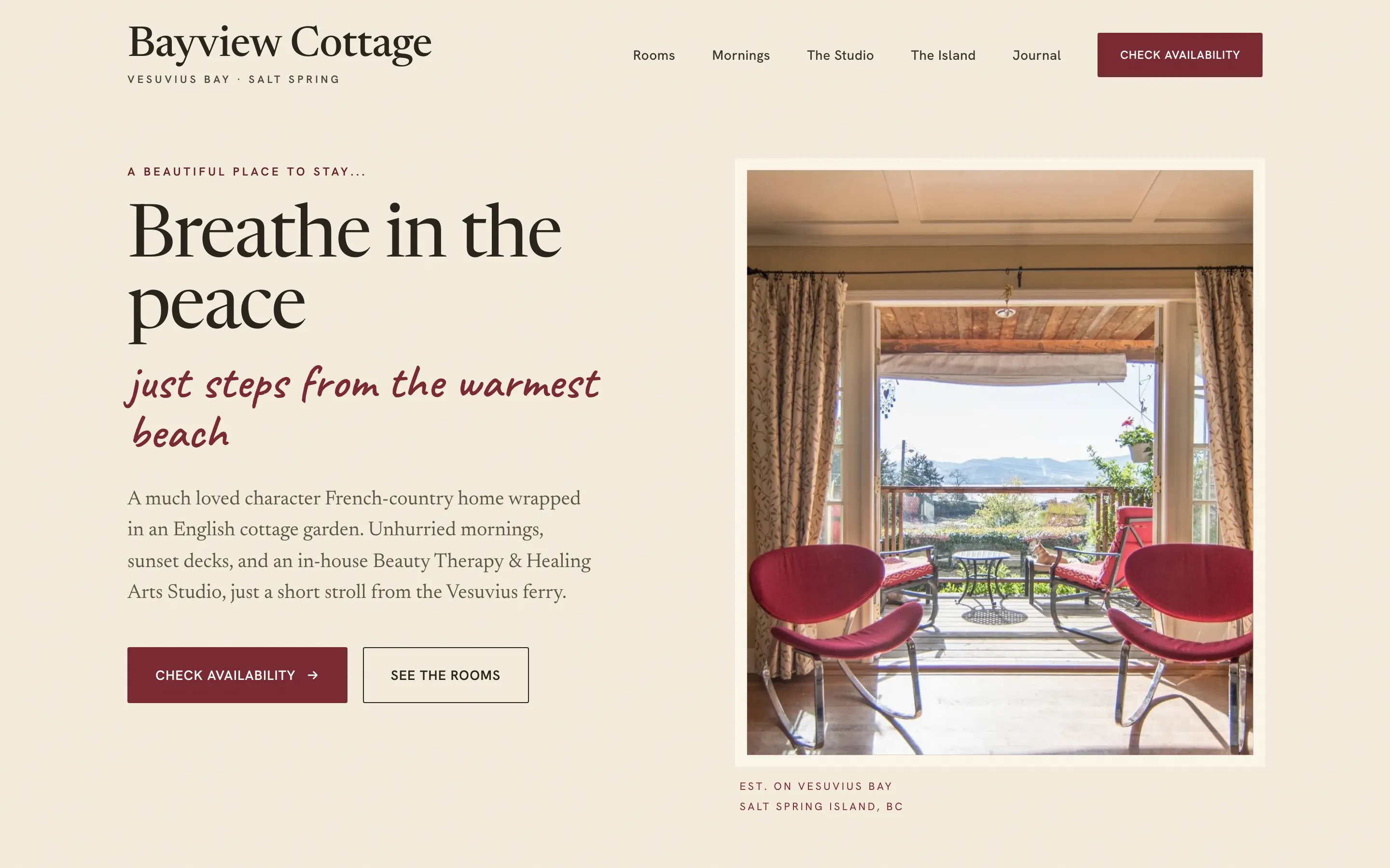 Bayview Cottages website hero on desktop