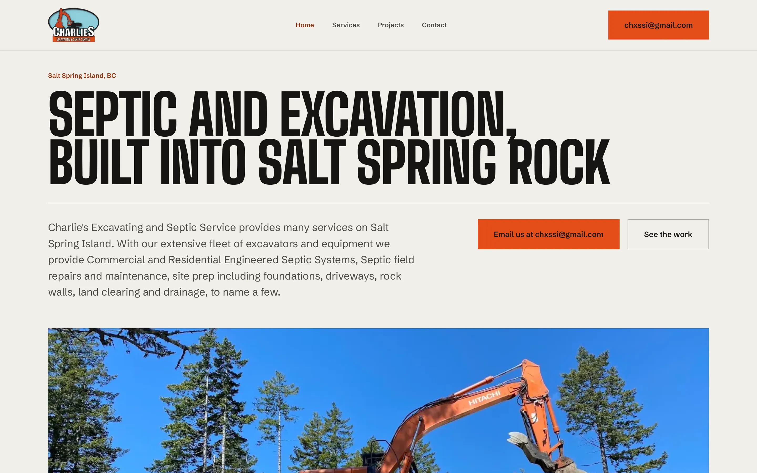 Charlie's Excavating website hero on desktop