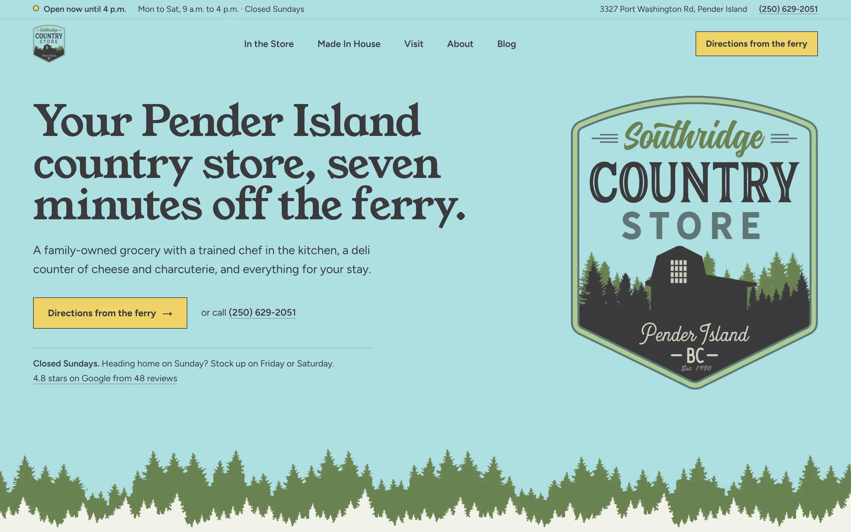 The Southridge Country Store homepage, the store's badge on its own sky blue above the tree line, with the hours and the drive from the ferry