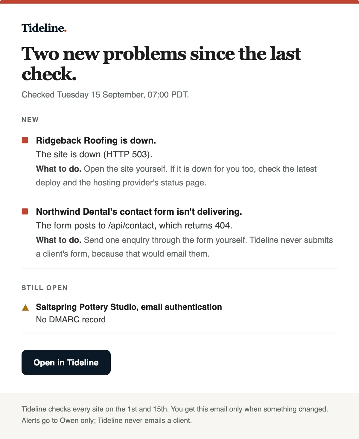 The email the monitoring sends Owen after a check: two new problems since the last check, each with what to do about it.