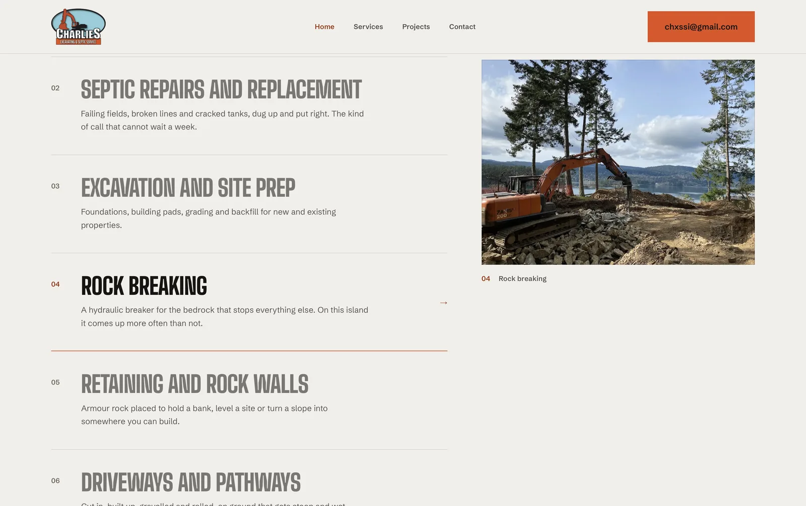 The services section on the Charlie's Excavating homepage