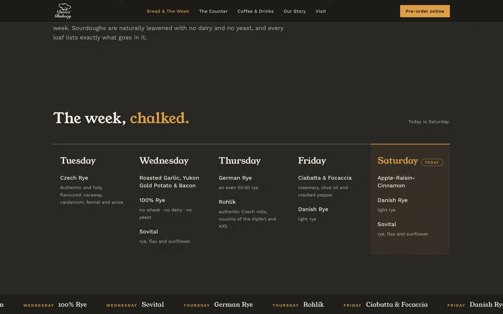 The day-aware bread board on the new Daves' Bakery site
