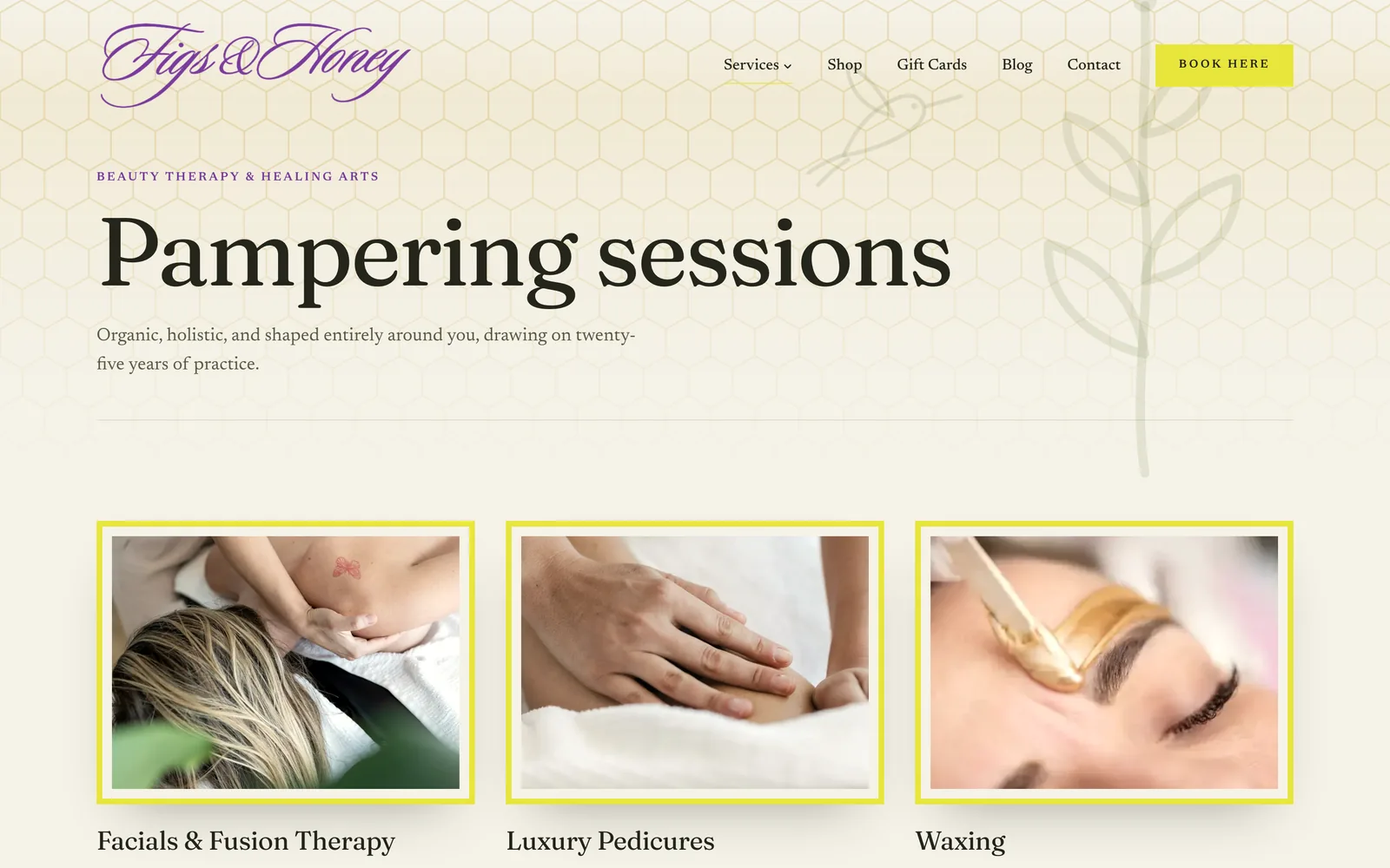 The treatments page with Square booking