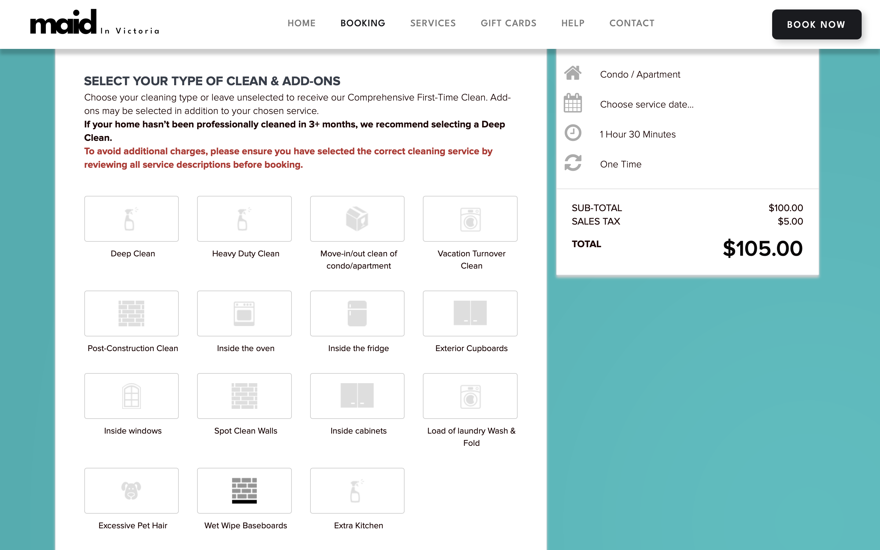 Maid in Victoria booking and service selection flow