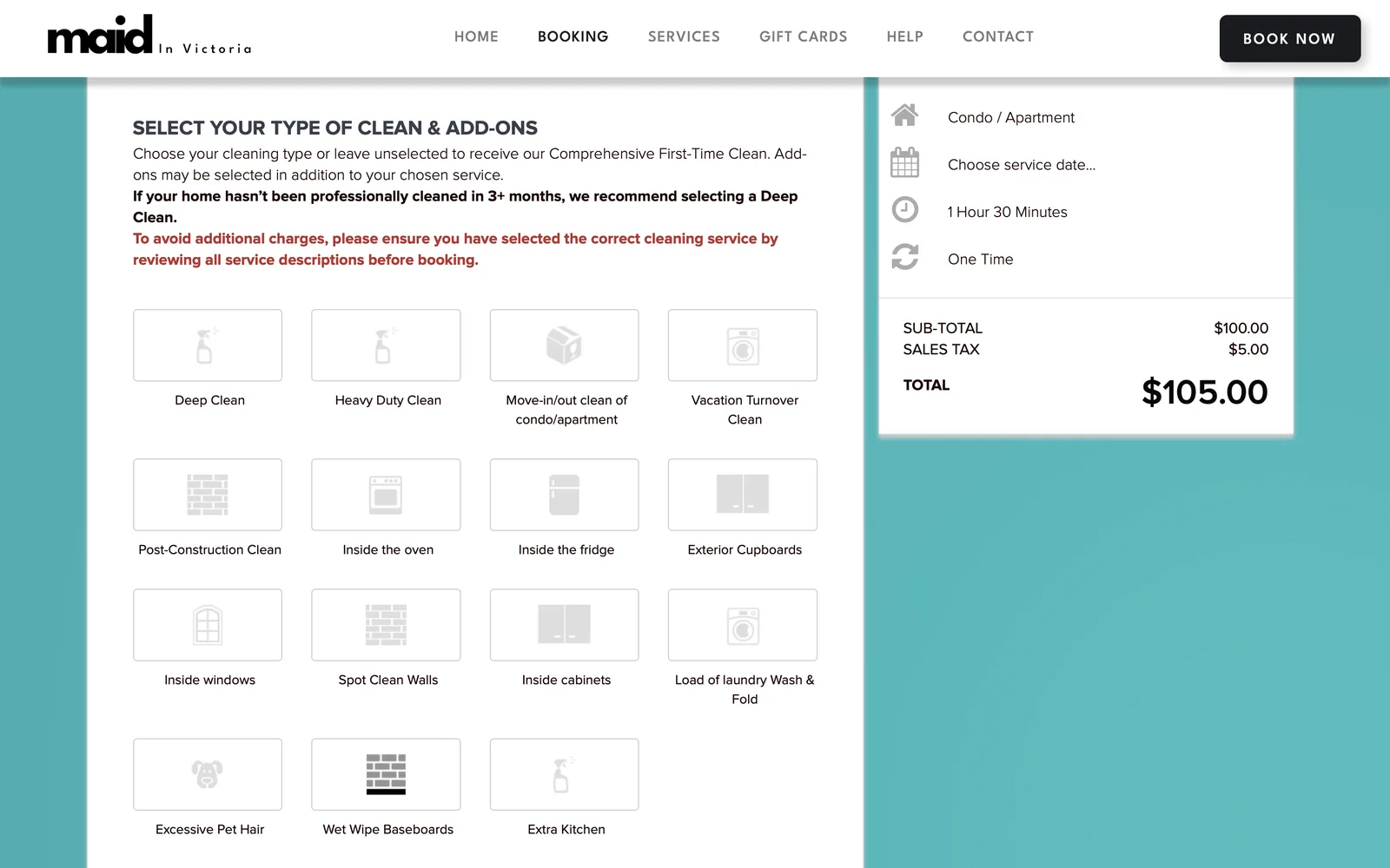 Maid in Victoria booking and service selection flow