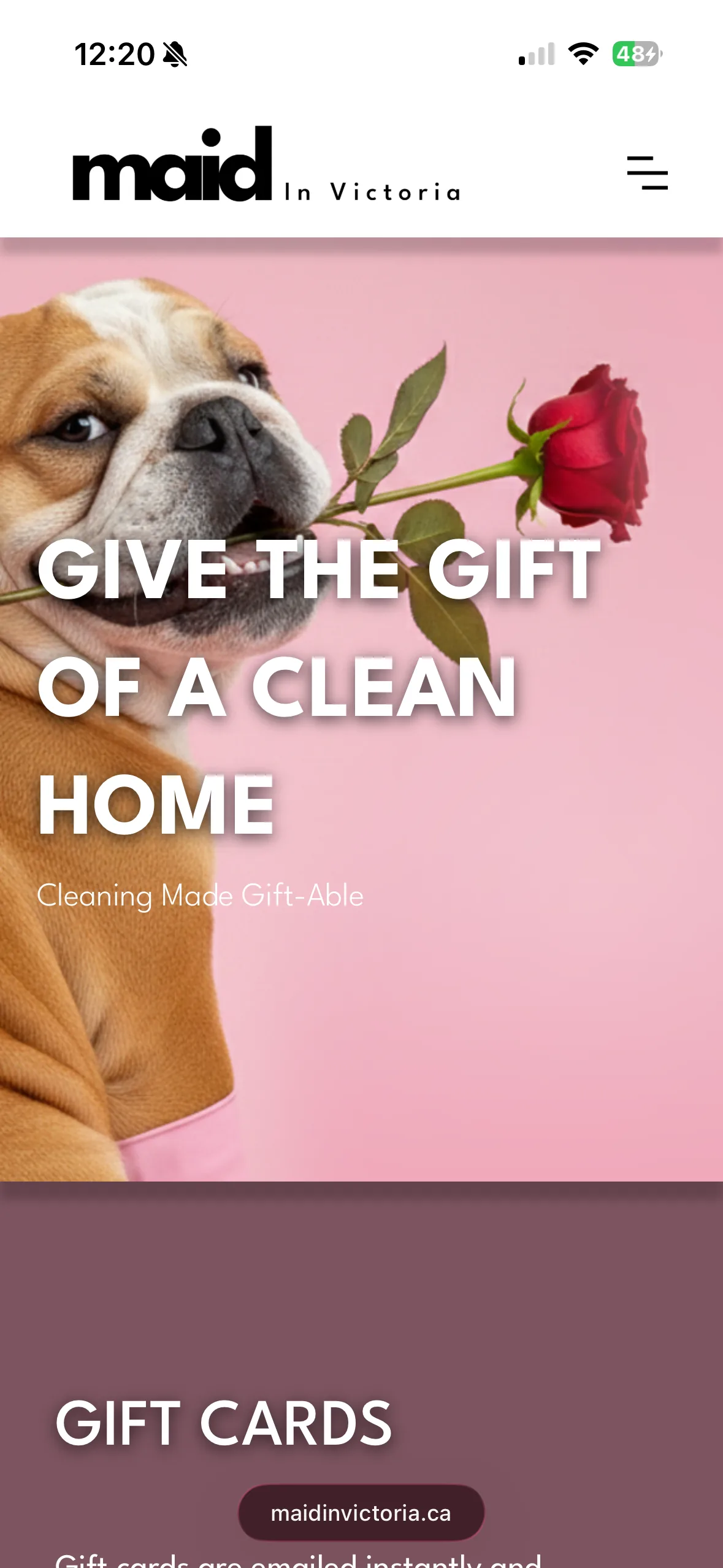 Maid in Victoria gift cards page on mobile