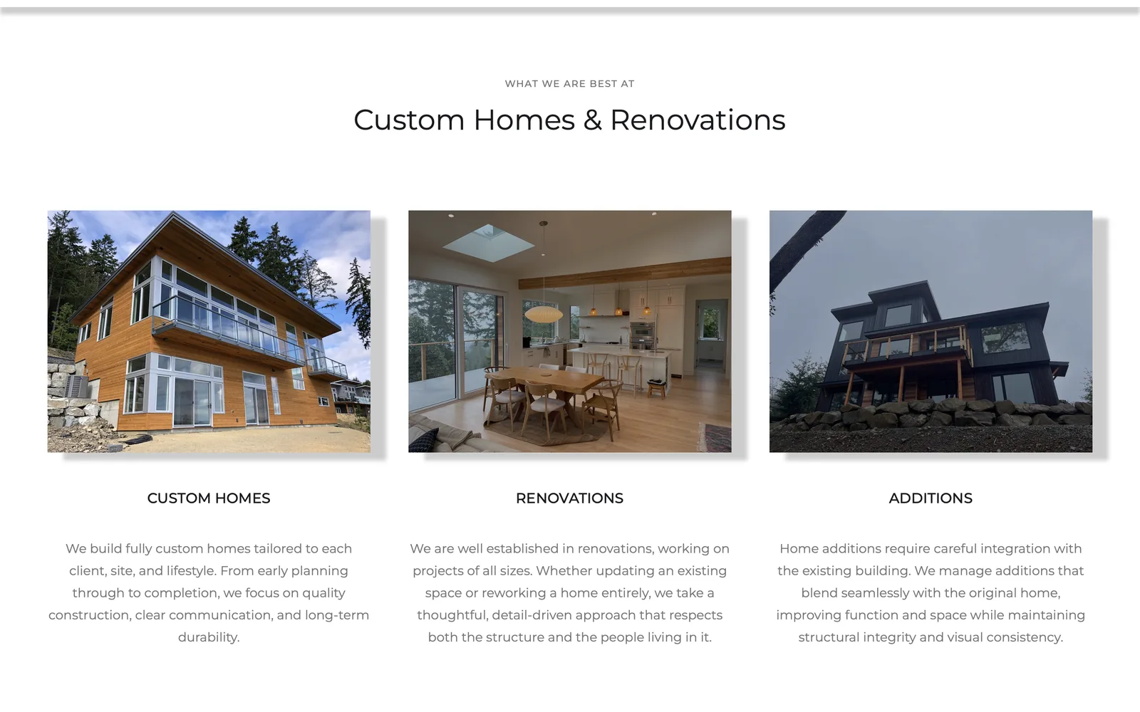 Custom Homes, Renovations, and Additions service sections