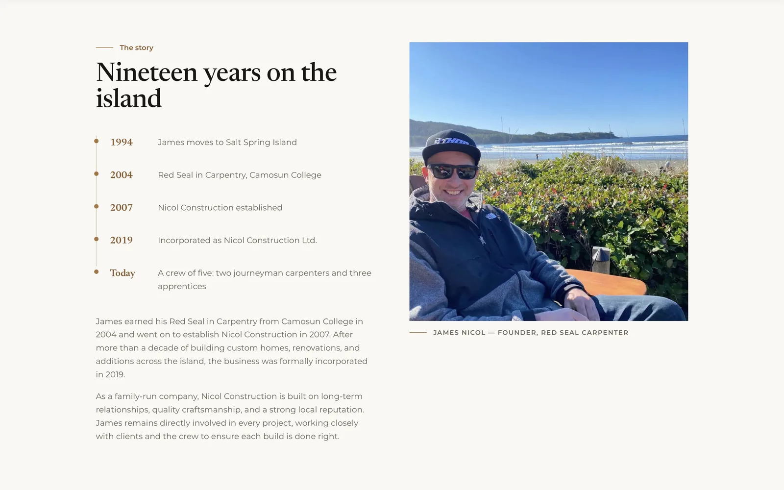 The about page timeline, nineteen years on the island