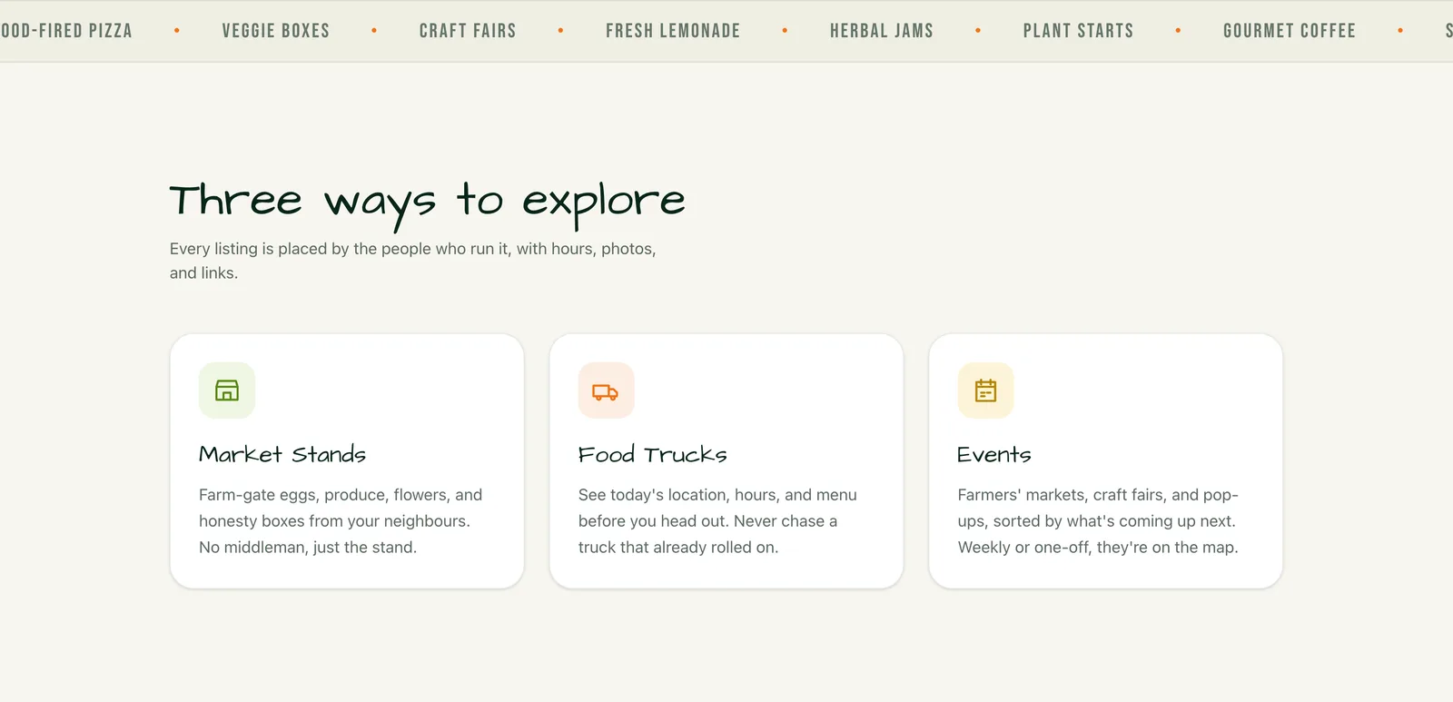 Three ways to explore: market stands, food trucks and events