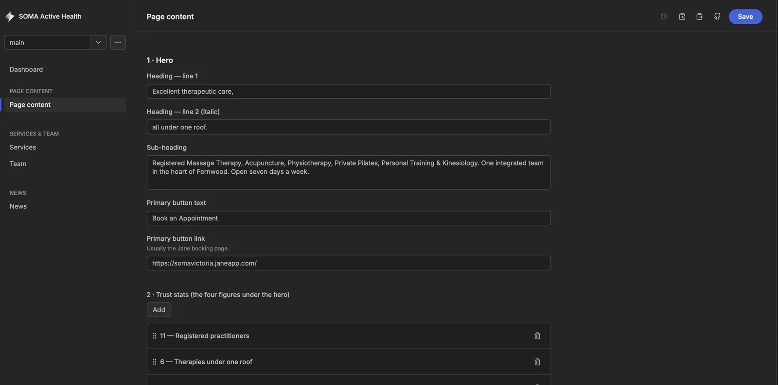 The Soma Active Health content dashboard for self-serve editing