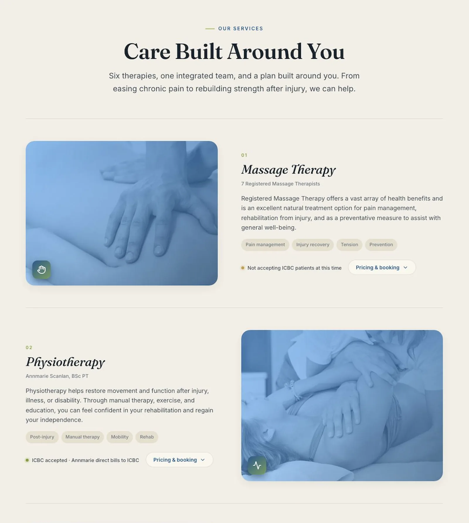 Soma Active Health services section with pricing and booking