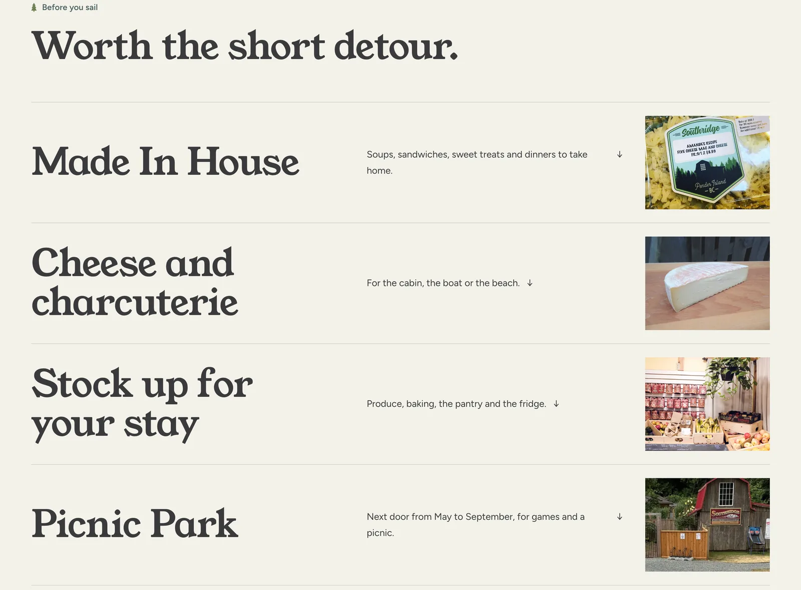 Four ways in on the Southridge homepage: Made In House, cheese and charcuterie, stocking up, and Picnic Park