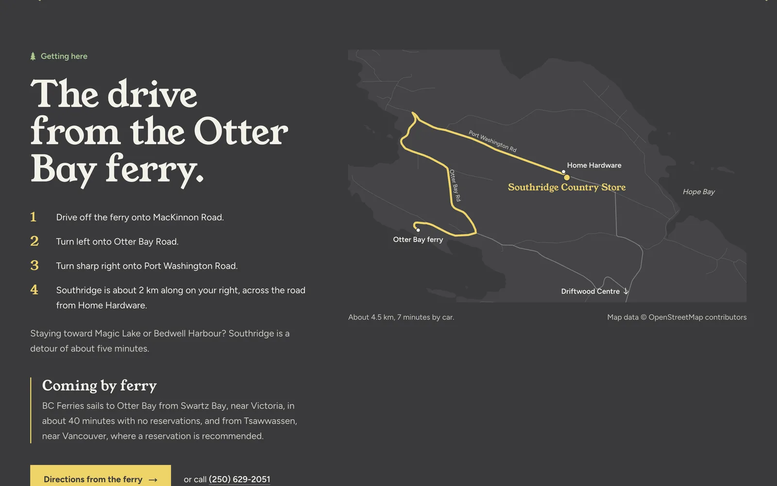 The drive from the Otter Bay ferry, drawn from OpenStreetMap