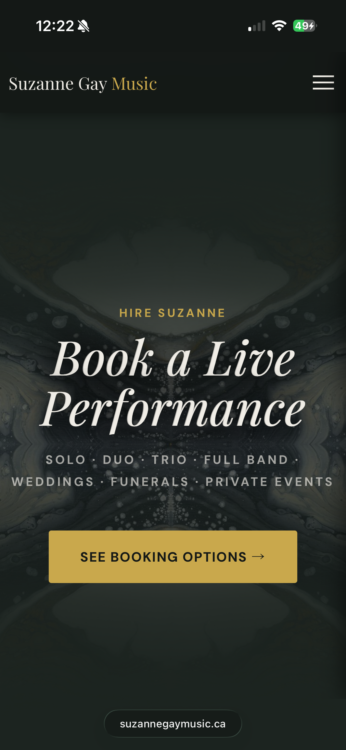 Suzanne Gay live performance booking on mobile