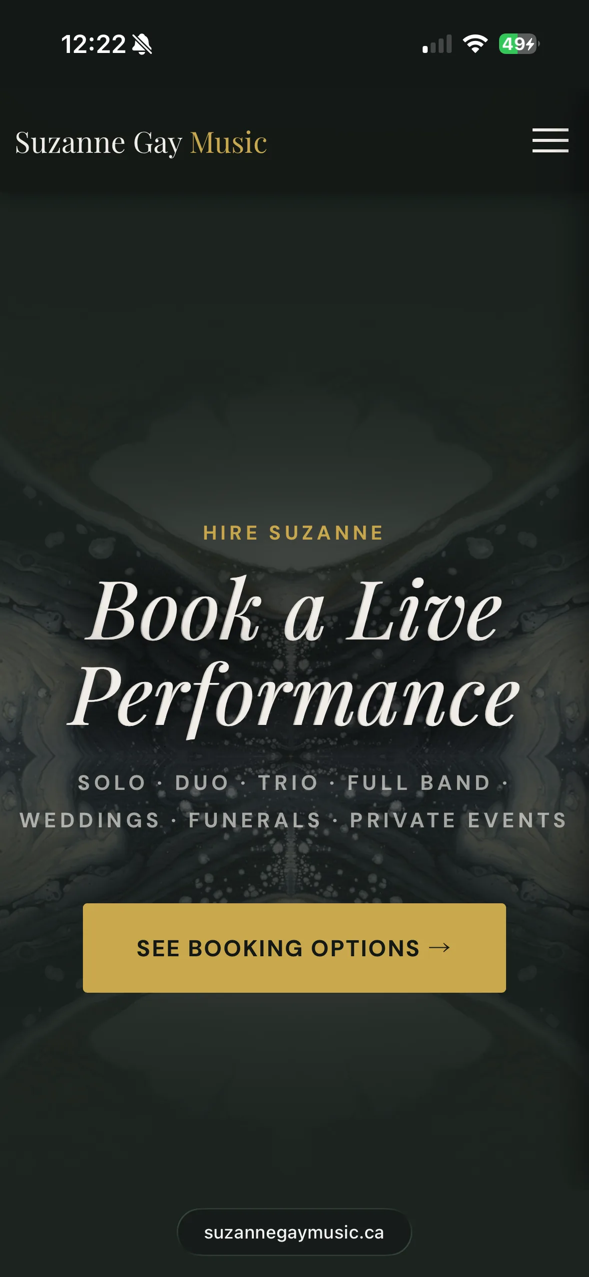 Suzanne Gay live performance booking on mobile