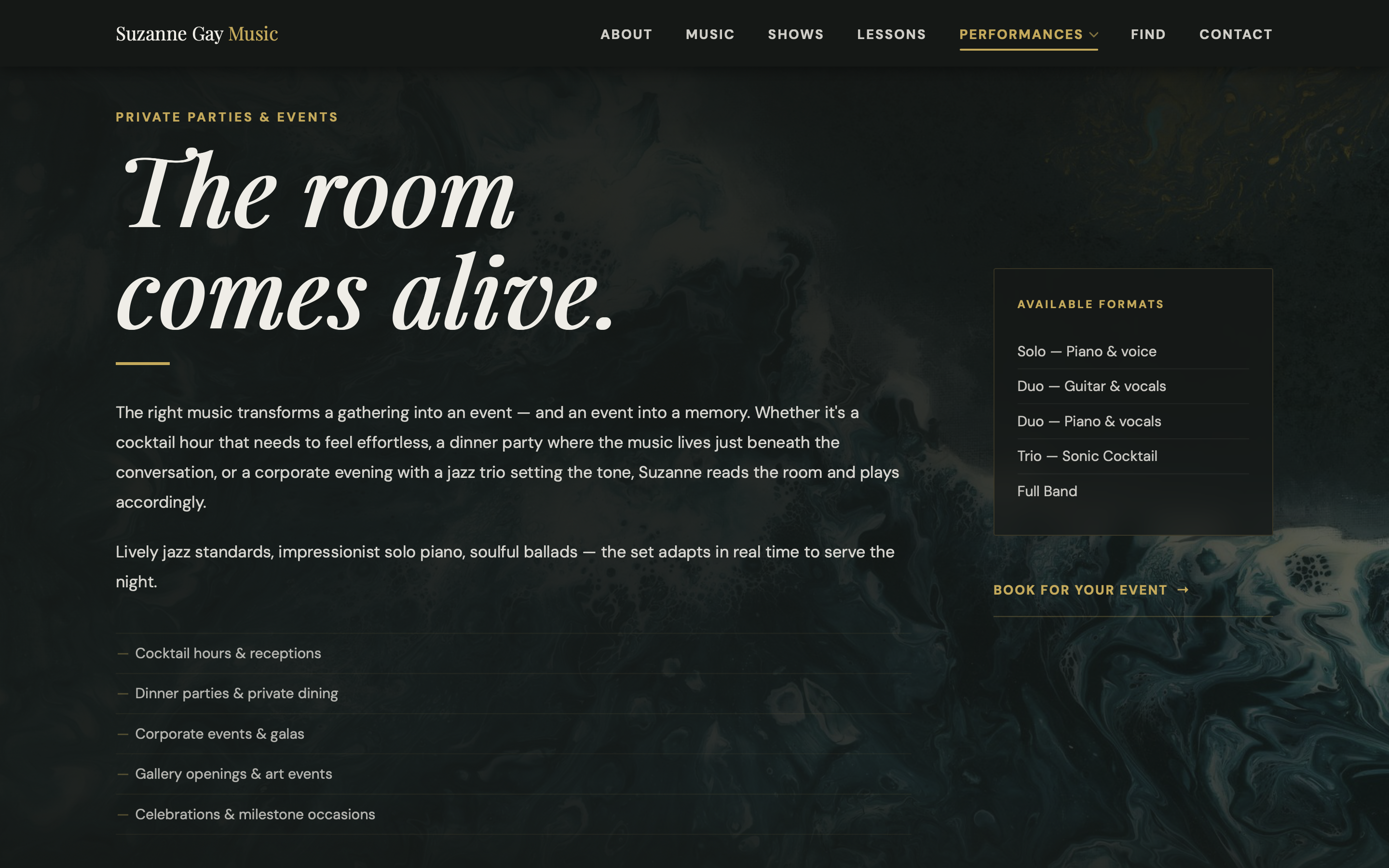 Suzanne Gay private parties and events page